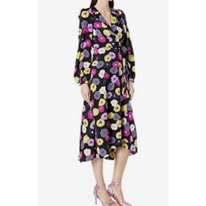 Kate Spade Size 8 Winter Garden Black Bright Floral Print Wrap Dress Long Sleeve